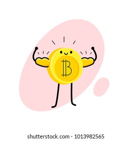 Concept of Crypto currency. Cartoon bitcoin character. Bitcoin stands, shines and shows strength. Vector illustration.