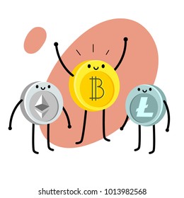 Concept of Crypto currency. Cartoon bitcoin character. Bitcoin stands with Etherium and Litecoin. Vector illustration.