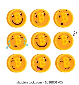 Concept of Crypto currency. Cartoon bitcoin character. Bitcoin emoticon set. Vector illustration.