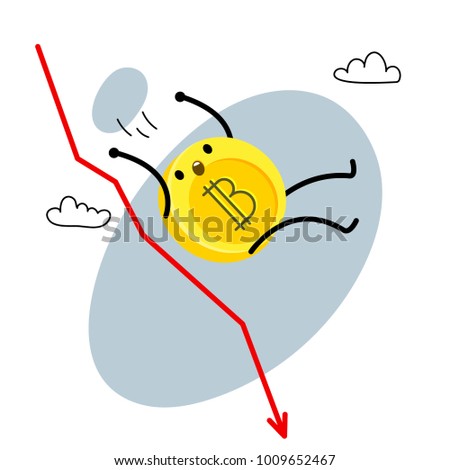 Concept of Crypto currency dumb. Cartoon bitcoin character. Bitcoin falls on the red arrow. Vector illustration.