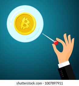 Concept of Crypto currency. Hand with the needle and Bitcoin bubble on blue background. Bankrupt bitcoin. Flat design, vector illustration.