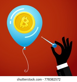 Concept of Crypto currency. Hand with the needle and Bitcoin balloon on red background. Bankrupt bitcoin. Flat design, vector illustration.