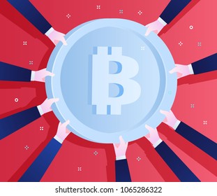 Concept of Crypto currency. Hands hold for bitcoin. Flat design, vector illustration on red background.