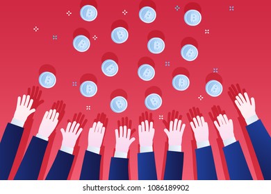 Concept of Crypto currency. Hands reach for bitcoin. Flat design, vector illustration on red background.