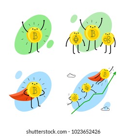 Concept of Crypto currency. Set of cartoon bitcoin characters. Vector illustration.
