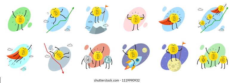 Concept of Crypto currency. Set of cartoon bitcoin characters. Vector illustration.