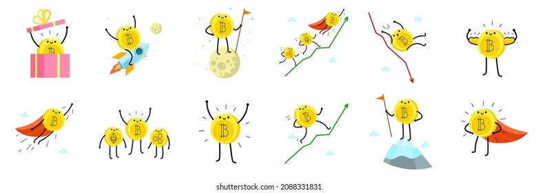 Concept of Crypto currency. Set of cartoon bitcoin characters. Vector illustration.