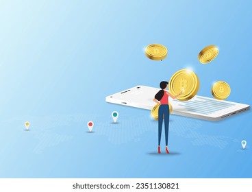 Concept of crypto on mobile, young woman is touching the golden coins that floating over a smartphone in blue color shade background.