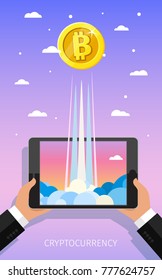 Concept of Crypto-currency. Bitcoin financial system grows. Businessman holding a tablet with bitcoin in space. Crypto currency hype vector illustration.