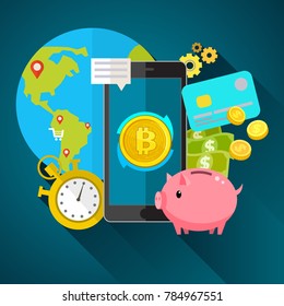 Concepto de criptomoneda. El sistema financiero Bitcoin crece. Ilustración vectorial de tipo de moneda criptográfica.