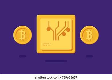 Concept of Crypto-currency bitcoin mining, golden cpu of computer with golden coins of Cryptocurrency vector illustration