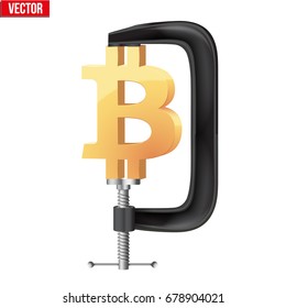 Concept of cryptocurrency Bitcoin Under pressure. Symbol Ethereum being squeezed in vice. Vector Illustration isolated on white background.