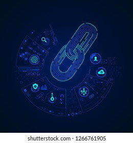 Concept Of Cryptocurrency Or Block Chain Technology, Graphic Of Chain With Digital Business Icons