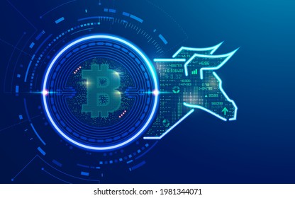 concept of cryptocurrency bullish, graphic of bitcoin with bull market and financial element