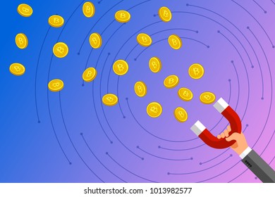 Concept of Crypto-currency. Businessman holding magnet and attract bitcoin. Crypto currency mining. Flat design, vector illustration.
