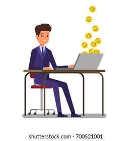 Concept of cryptocurrency. Businessman mining digital currency. Flat design, vector illustration.