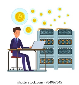 Concept of cryptocurrency. Businessman mining digital currency. Flat design, vector illustration.