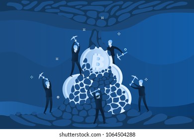 Concept of cryptocurrency. Businessman mining to find bitcoins and earning cryptocurrency. Mini people in blue colors. Flat design, vector illustration.