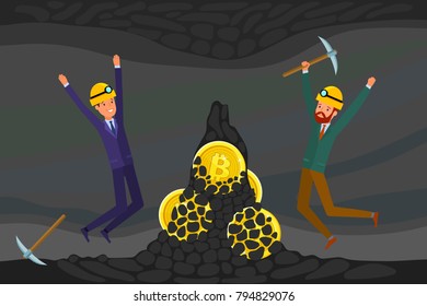 Concept of cryptocurrency. Businessman mining to find bitcoins and earning cryptocurrency. Flat design, vector illustration.