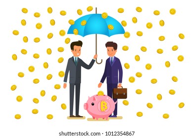 Concept of cryptocurrency. Businessmen mining digital currency. Two businness people with piggybank stand under an umbrella, it rains from the crypto currency. Flat design, vector illustration.