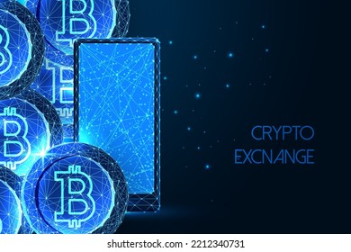 Concept of cryptocurrency, crypto exchange with smartphone and bitcoins on dark blue background. Futuristic glowing low polygonal style. Modern wireframe design vector illustration