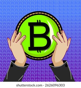 The concept of cryptocurrency and digital business is presented through an illustration of a professional's hands holding a digital coin symbol above a binary code background. Ideal for content relate