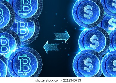 Concept of cryptocurrency exchange rate proccess with bitcoin and dollar coins on dark blue background. Futuristic glowing low polygonal style. Modern wireframe design vector illustration