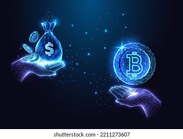 Concepto de valor de cambio criptocambiario con manos con bitcoin y bolsa de monedas en dólares sobre azul oscuro 