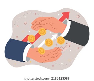 Concept of cryptocurrency. Hands hold bitcoins, blockchain technology. Financial literacy and investment, passive income. Modern means of payment, online transactions. Cartoon flat vector illustration