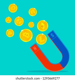 Concept of cryptocurrency. Magnet attract  Bitcoin, Litecoin, Ethereum, Monero, Ripple, Dash, Nem, Iota, Neo. Vector.