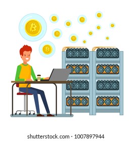 Concept of cryptocurrency. Man mining digital currency. Flat design, vector illustration.