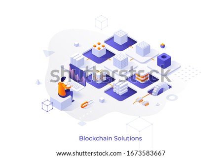 Concept with cryptocurrency miner sitting at computer and chain of cubic blocks. Software and hardware solutions for Bitcoin mining. Modern isometric vector illustration for website.