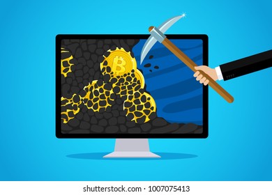 Concept of cryptocurrency. Mining to find bitcoins and earning cryptocurrency. Bitcoin on the screen. Flat design, vector illustration.
