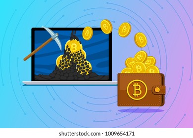 Concept of cryptocurrency. Mining to find bitcoins and earning cryptocurrency. Bitcoin on the laptop screen. Flat design, vector illustration.