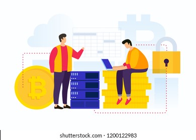 Concept of cryptocurrency production. Young people mining bitcoin and blockchain. Mining farm, server room. Vector flat illustration.