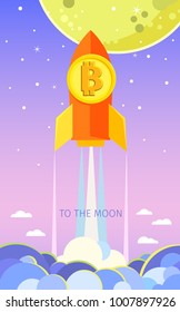 Concept of Crypto-currency. Rocket flying to the moon with bitcoin icon. Crypto currency hype vector illustration.