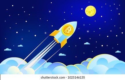 Concept of Crypto-currency. Rocket flying to the moon with bitcoin icon. Crypto currency hype vector illustration.