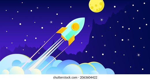 Concept of Crypto-currency. Rocket flying to the moon with bitcoin icon. Crypto currency hype vector illustration.