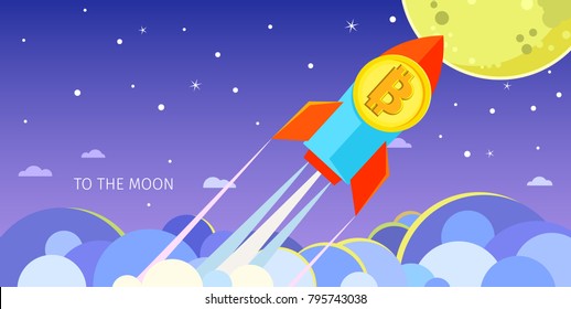 Concept of Crypto-currency. Rocket flying to the moon with bitcoin icon. Crypto currency hype vector illustration.