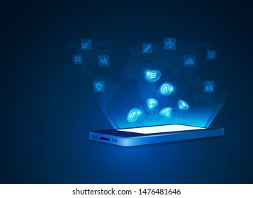 concept of cryptocurrency technology advancement, mobile phone with digital money sign in futuristic style