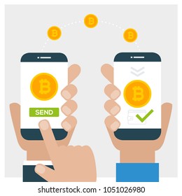 Concept of cryptocurrency technology, bitcoin exchange, mobile banking. Hand holding smartphone and send bitocins to another wallet