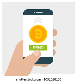 Concept of cryptocurrency technology, bitcoin exchange, mobile banking. Hand holding smartphone and send bitcoins