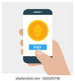 Concept of cryptocurrency technology, ethereum exchange, mobile banking. Hand holding smartphone, pay and send ethereums