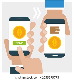 Concept of cryptocurrency technology, ethereum exchange, mobile banking. Hand holding smartphone, pay and send ethereums