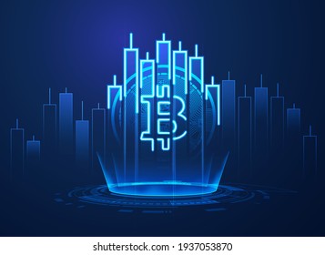 concept of cryptocurrency technology, graphic of bitcoin symbol combined with stock candlestick in financial business theme