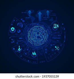 concepto de tecnología criptodivisa, gráfico de símbolo bitcoin con elemento de tecnología financiera