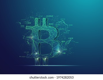 concept of cryptocurrency technology, graphic of low poly bitcoin with financial element