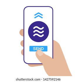 Concept of cryptocurrency technology, Libra exchange, mobile banking. Hand holding smartphone, pay and send. Crypto currency, virtual electronic, internet money. 