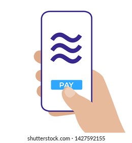 Concept of cryptocurrency technology, Libra exchange, mobile banking. Hand holding smartphone, pay and send. Crypto currency, virtual electronic, internet money. 