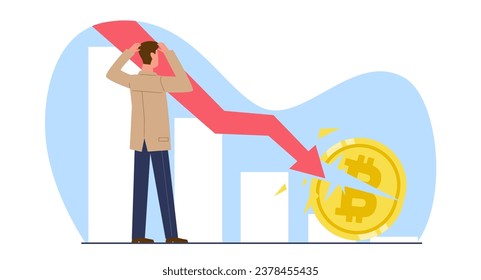 Concepto de disminución del valor criptodivisa, caída del precio de bitcoin. Inversor masculino y flecha roja en caída. Mercado de divisas criptográfico, crisis de inversión. Dibujo financiero vectorial aislado plano de dibujos animados